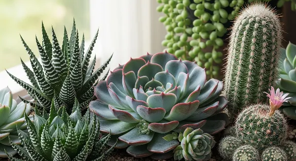 Assortiment de succulentes et cactus prospérant dans un intérieur lumineux avec lumière indirecte