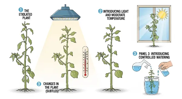 Solutions pour plantes étioilées : lumière intense, température modérée et arrosage contrôlé pour des tiges robustes.