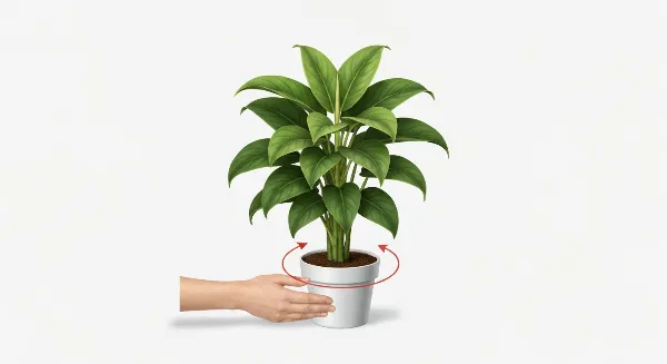 Une main tourne un pot de plante d'intérieur pour une croissance équilibrée et régulière