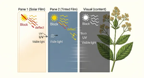Comparaison visuelle des effets de différents films pour vitrage sur la lumière et la chaleur