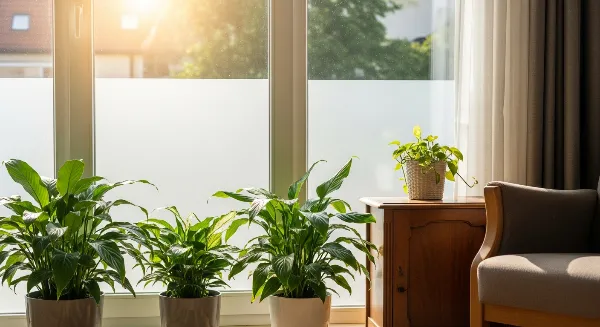 Fenêtre avec film anti-UV protégeant des plantes d'intérieur et un mobilier moderne